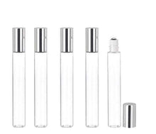 Load image into Gallery viewer, 12 LONG TALL SLIM 10ml Essential Oil, Perfume, Lip Gloss Bottles 1/3 Oz Stainless Steel or Glass Rollerball  Inserts Gold or Silver Caps