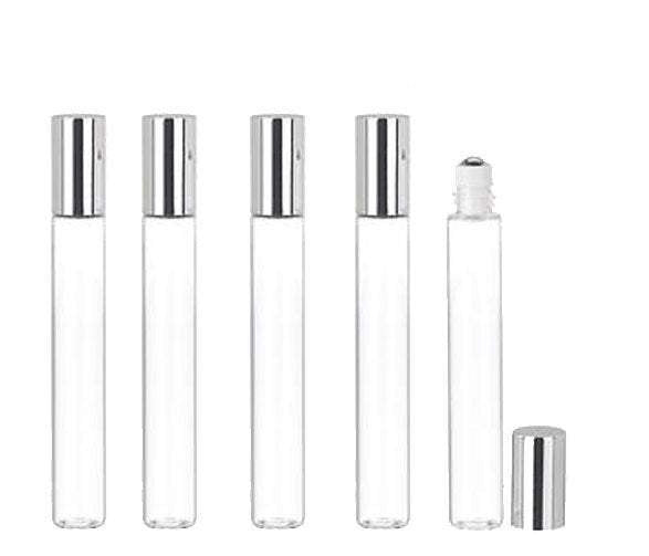 12 LONG TALL SLIM 10ml Essential Oil, Perfume, Lip Gloss Bottles 1/3 Oz Stainless Steel or Glass Rollerball  Inserts Gold or Silver Caps