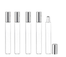 Load image into Gallery viewer, 24 LUXURY Long Slim 10ml Clear Glass Roll-on, Roller Perfume Bottles STAINLESS STEEL Ball Fitment, 1/3 Oz Essential Oil, Lip Gloss, 10 ml