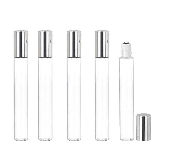 24 LUXURY Long Slim 10ml Clear Glass Roll-on, Roller Perfume Bottles STAINLESS STEEL Ball Fitment, 1/3 Oz Essential Oil, Lip Gloss, 10 ml