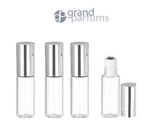 24 Upscale Slim 3ml Clear Glass Roll-on Roller Perfume Bottles STAINLESS STEEL Ball Fitment Shiny Silver Cap Essential Oil, Lip Gloss, 3 ml