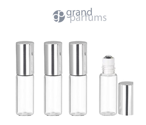 48 Clear 3ml Glass Slim Roll-on Roller Perfume Bottles w/ Shiny Metal Cap STAINLESS STEEL Ball Fitment 1/10 Oz Essential Oil, Lip Gloss 3 ml