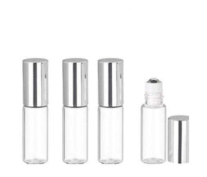 144 Clear 3ml Glass Slim Roll-on Roller Perfume Bottles w/ Shiny Metal Cap STAINLESS STEEL Ball Fitment 1/10 Oz Essential Oil Lip Gloss 3 ml