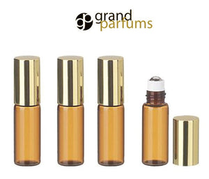 6 ELEGANT Slim 3ml Clear Glass Roll-on Metallic Caps Perfume Bottles STAINLESS STEEL Ball Fitment,  1/10 Oz Essential Oil, Lip Gloss, 3 ml