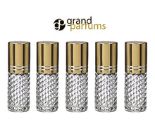 Load image into Gallery viewer, 6 CLEAR 4mL DELUXE Clear or Swirled Rollerball Bottles Pink, Turquoise, Black Gold or Silver Metallic Caps Roll-On Essential Oil Perfume