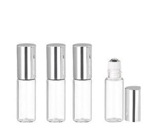 12 LUXURY Slim Glass 3ml Clear Roll-on with Metallic Cap, Roller Perfume Bottles STAINLESS STEEL Ball Fitment, 1/10 Oz Essential Oil, 3ml