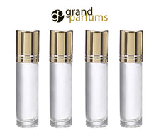 Load image into Gallery viewer, 48 CLEAR 10mL DELUXE Clear Rollerball Bottles w/ Pink, Turquoise Black Gold Matte Silver Metallic Caps 1/3 Oz Roll-Ons Essential Oil Perfume