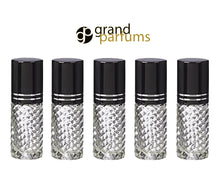 Load image into Gallery viewer, 6 CLEAR 4mL DELUXE Clear or Swirled Rollerball Bottles Pink, Turquoise, Black Gold or Silver Metallic Caps Roll-On Essential Oil Perfume