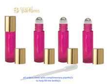 Load image into Gallery viewer, 6 Roll On Bottles 10ml SOLID Magenta Hot Pink STAINLESS Steel Roller Balls  Luxury GOLD Caps Essential Oil Lip Gloss Perfume