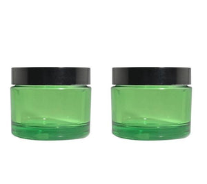 FINAL CLOSEOUT Green PET Plastic 1.7 Oz Jars w/ Upscale Black Lids 50ml Body Butter Scrub Salts, Unisex Packaging Heavyweight Luxury