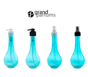3 AQUA Turquoise 8 Oz Glass Teardrop Shape Lotion Pump Bottles Soap Dispenser UNIQUE Packaging DIY Private Label 240ml 240 ml Recycled Glass