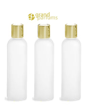 Load image into Gallery viewer, 6 Upscale FROSTED 8 Oz 240ml Upscale PET MODERN Plastic Bottles w/ Elegant Gold Metallic Disc Top Closure  High End Private Label Packaging