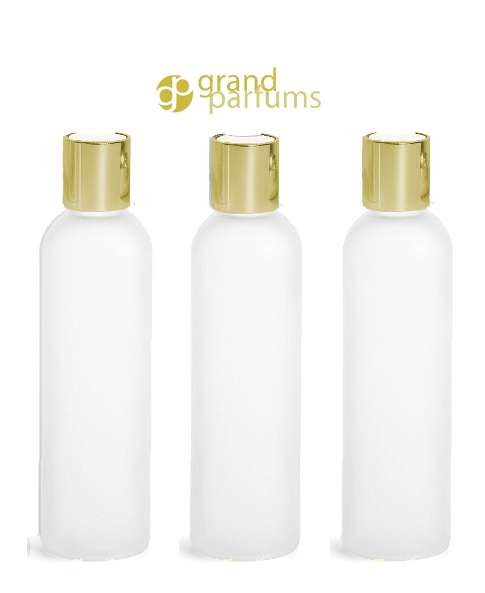 6 Upscale FROSTED 8 Oz 240ml Upscale PET MODERN Plastic Bottles w/ Elegant Gold Metallic Disc Top Closure  High End Private Label Packaging