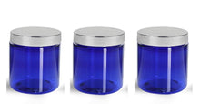 Load image into Gallery viewer, 3 COBALT BLUE 8 Oz Hi Wall PET Plastic Jars 240ml w/ Smooth Silver Upscale Caps for Body Butter, Sugar Scrubs, Bath Salt, Conditioner 240 ml