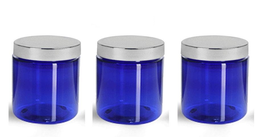 3 COBALT BLUE 8 Oz Hi Wall PET Plastic Jars 240ml w/ Smooth Silver Upscale Caps for Body Butter, Sugar Scrubs, Bath Salt, Conditioner 240 ml