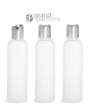 Load image into Gallery viewer, 6 UPSCALE 8 Oz 240ml Upscale PET Modern FROSTED Plastic Bottles w/ Elegant Silver Metallic Disc Top Closure High End Private Label Packaging
