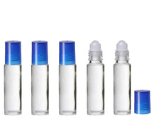 Load image into Gallery viewer, 144 CLEAR Roll On 10 ml Glass Bottles Perfume w/ ASSORTED Color Caps 10ml Essential Oil Aromatherapy Carrier Oil Roller Top Lip Gloss 1/3 oz