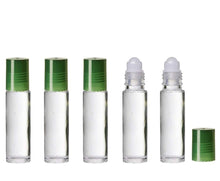 Load image into Gallery viewer, 144 CLEAR Roll On 10 ml Glass Bottles Perfume w/ ASSORTED Color Caps 10ml Essential Oil Aromatherapy Carrier Oil Roller Top Lip Gloss 1/3 oz
