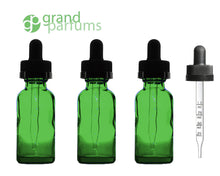 Load image into Gallery viewer, 3 Green 30mL 1 Oz w/ Graduated CALIBRATED GLASS DROPPER Bottle Boston Round  Oil Serum Essential Oils Measuring Perfumers Tool