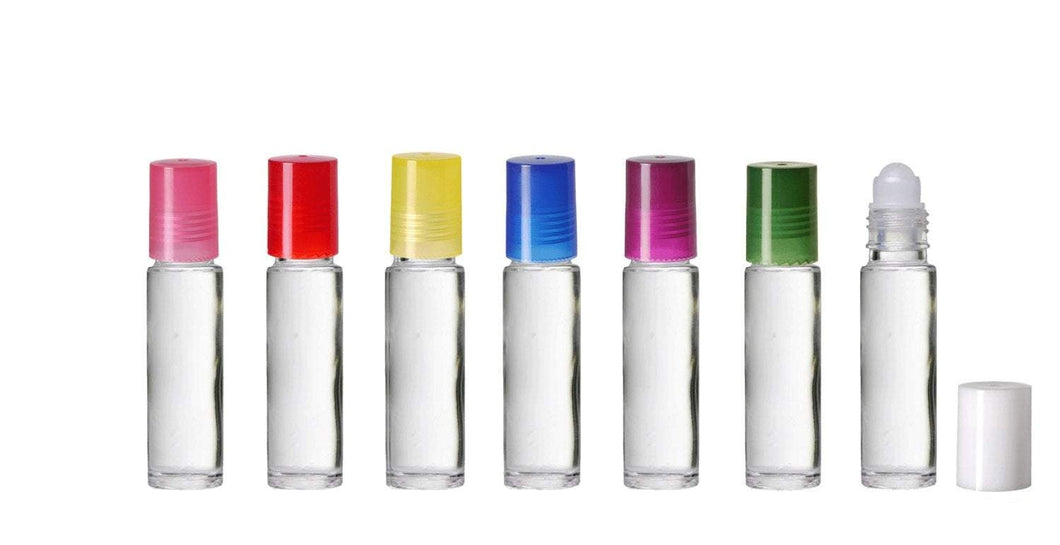 144 CLEAR Roll On 10 ml Glass Bottles Perfume w/ ASSORTED Color Caps 10ml Essential Oil Aromatherapy Carrier Oil Roller Top Lip Gloss 1/3 oz