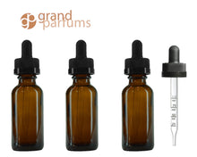 Load image into Gallery viewer, 3 Dark Amber 15mL .5Oz w/ Graduated CALIBRATED GLASS DROPPER Bottle Boston Round  Oil Serum Essential Oils Measuring Perfumers Tool