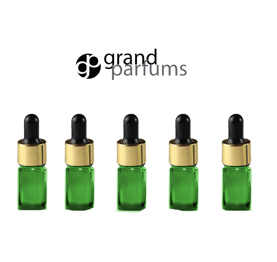 6 Mini 5ml GREEN Essential Oil Glass Dropper Bottles 1/6 Oz Boston Round w/ Shiny Metallic GOLD Glass Pipette Black Medicine Bulb 5 ml
