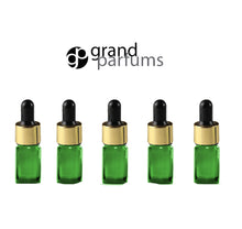 Load image into Gallery viewer, 6 Mini 5ml COBALT BLUE Essential Oil Glass Dropper Bottles 1/6 Oz Boston Round w/ Shiny Metallic GOLD Glass Pipette Black Medicine Bulb 5 ml
