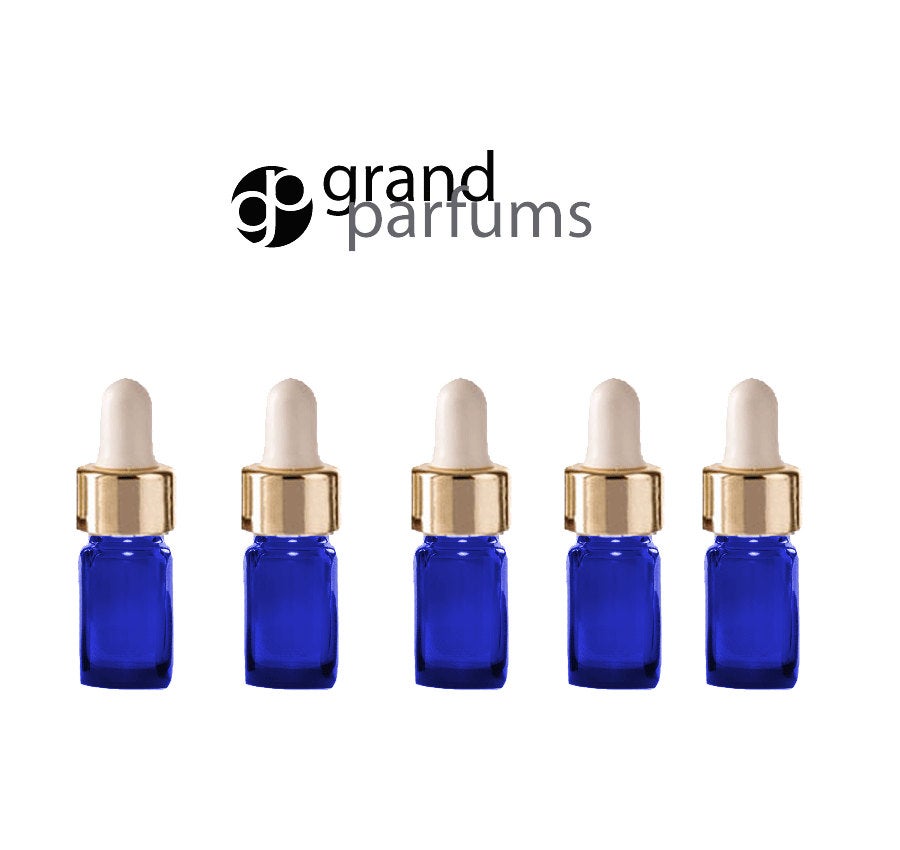 6 Mini 5ml COBALT BLUE Essential Oil Glass Dropper Bottles 1/6 Oz Boston Round w/ Shiny Metallic GOLD Glass Pipette White Medicine Bulb 5 ml