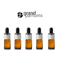 Load image into Gallery viewer, 6 Mini 5ml AMBER Essential Oil Glass Dropper Bottles (1/6 Oz) Boston Round w/ Shiny Metallic SILVER Glass Pipettes Black Medicine Bulb 5 ml