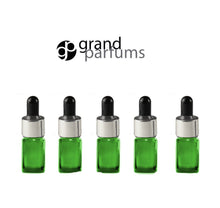 Load image into Gallery viewer, 6 Mini 5ml AMBER Essential Oil Glass Dropper Bottles (1/6 Oz) Boston Round w/ Shiny Metallic SILVER Glass Pipettes Black Medicine Bulb 5 ml