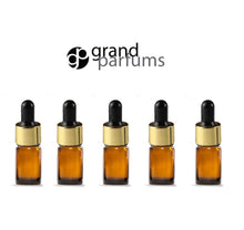 Load image into Gallery viewer, 6 Mini 5ml AMBER Essential Oil Glass Dropper Bottles (1/6 Oz) Boston Round w/ Shiny Metallic SILVER Glass Pipettes Black Medicine Bulb 5 ml