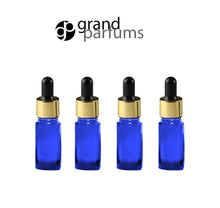 Load image into Gallery viewer, 6 GREEN 15ml Essential Oil Glass Dropper Bottles (1/2 Oz) Boston Round w/ Shiny Metallic GOLD Glass Pipettes Black Medicine Bulb 15 ml