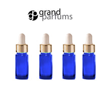 Load image into Gallery viewer, 6 GREEN 15ml Essential Oil Glass Dropper Bottles 1/2 Oz Boston Round w/ Shiny Metallic GOLD Glass Pipettes White Medicine Bulb 15 ml