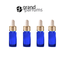 Load image into Gallery viewer, 6 BLUE 10ml Essential Oil Glass Dropper Bottles 1/3 Oz Boston Round w/ Shiny Metallic GOLD Glass Pipettes White Medicine Bulb 10 ml