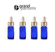 Load image into Gallery viewer, 6 BLUE 10ml Essential Oil Glass Dropper Bottles 1/3 Oz Boston Round w/ Shiny Metallic GOLD Glass Pipettes White Medicine Bulb 10 ml