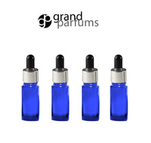 Load image into Gallery viewer, 6 AMBER BLUE 15ml Essential Oil Glass Dropper Bottles 1/2 Oz Boston Round w/ Shiny Metallic SILVER Glass Pipettes Black Medicine Bulb 15 ml