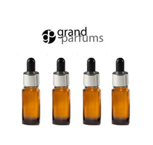 Load image into Gallery viewer, 6 AMBER BLUE 15ml Essential Oil Glass Dropper Bottles 1/2 Oz Boston Round w/ Shiny Metallic SILVER Glass Pipettes Black Medicine Bulb 15 ml