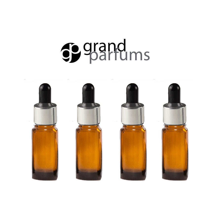 6 AMBER BLUE 15ml Essential Oil Glass Dropper Bottles 1/2 Oz Boston Round w/ Shiny Metallic SILVER Glass Pipettes Black Medicine Bulb 15 ml