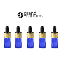 Load image into Gallery viewer, 6 Mini 5ml COBALT BLUE Essential Oil Glass Dropper Bottles 1/6 Oz Boston Round w/ Shiny Metallic GOLD Glass Pipette Black Medicine Bulb 5 ml