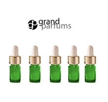Load image into Gallery viewer, 6 Mini 5ml AMBER Essential Oil Glass Dropper Bottles (1/6 Oz) Boston Round w/ Shiny Metallic SILVER Glass Pipettes Black Medicine Bulb 5 ml