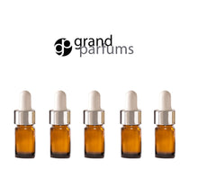 Load image into Gallery viewer, 6 Mini 5ml COBALT BLUE Essential Oil Glass Dropper Bottles 1/6 Oz Boston Round w/ Shiny Metallic GOLD Glass Pipette White Medicine Bulb 5 ml