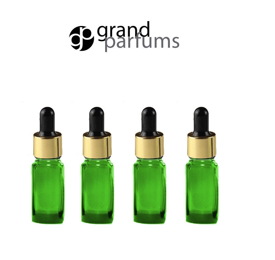 6 GREEN 15ml Essential Oil Glass Dropper Bottles (1/2 Oz) Boston Round w/ Shiny Metallic GOLD Glass Pipettes Black Medicine Bulb 15 ml