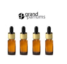 Load image into Gallery viewer, 6 AMBER 10ml Essential Oil Glass Dropper Bottles (1/3 Oz) Boston Round w/ Shiny Metallic GOLD Glass Pipettes Black Medicine Bulb 10 ml