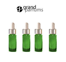 Load image into Gallery viewer, 6 GREEN 10ml Essential Oil Glass Dropper Bottles 1/3 Oz Boston Round w/ Shiny Metallic SILVER Glass Pipettes White Medicine Bulb 10 ml