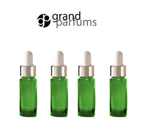 6 GREEN 10ml Essential Oil Glass Dropper Bottles 1/3 Oz Boston Round w/ Shiny Metallic SILVER Glass Pipettes White Medicine Bulb 10 ml