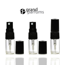 Load image into Gallery viewer, 6 Clear Glass 3ml Fine Mist Atomizer Bottles 3 ml w/ Silver Metallic Spray Mist Caps Perfume Cologne Travel Size Sample Packaging Wholesale