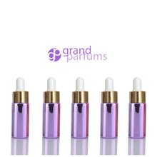 Load image into Gallery viewer, 5 Mini 5ml GLASS Essential Oil Glass Dropper Bottles (1/6 Oz) Metallic BLUE Colors w/ Shiny Metallic GOLD Glass Pipettes  5 ml