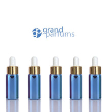 Load image into Gallery viewer, 5 Mini 5ml GLASS Essential Oil Glass Dropper Bottles (1/6 Oz) Metallic GREEN Colors w/ Shiny Metallic GOLD Glass Pipettes  5 ml