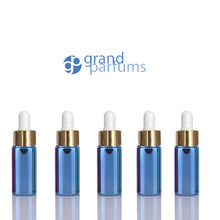 Load image into Gallery viewer, 5 Mini 5ml GLASS Essential Oil Glass Dropper Bottles (1/6 Oz) Metallic BLUE Colors w/ Shiny Metallic GOLD Glass Pipettes  5 ml