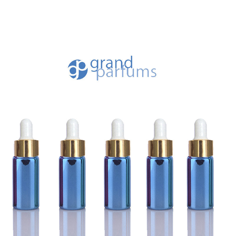 5 Mini 5ml GLASS Essential Oil Glass Dropper Bottles (1/6 Oz) Metallic BLUE Colors w/ Shiny Metallic GOLD Glass Pipettes  5 ml